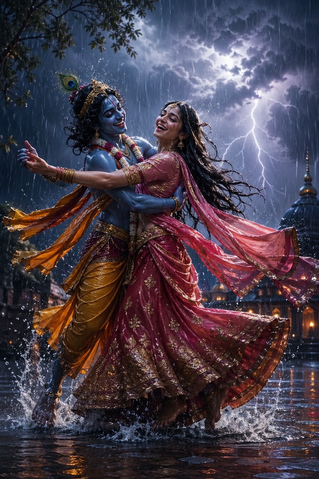 Radha and Krishna dancing joyfully in heavy monsoon rain with lightning illuminating the scene